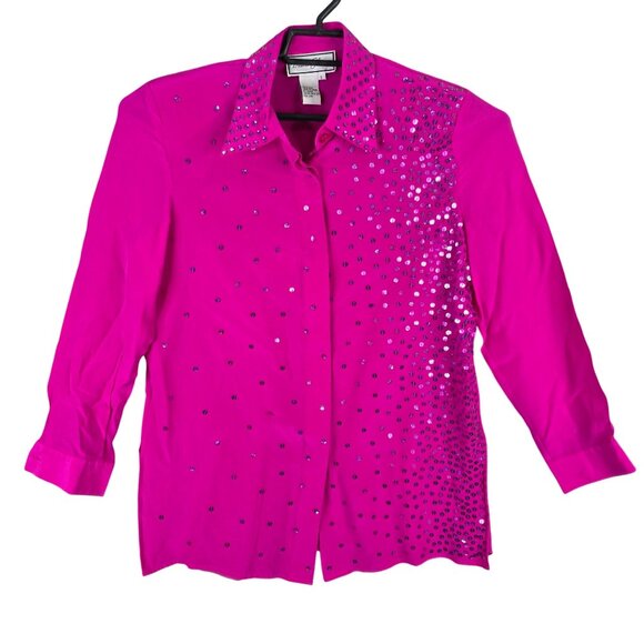 Womens Vintage Diane Gilman Pink 100% Silk Sequin Blouse Button Up Long Sleeve S - Picture 1 of 8